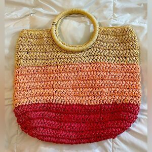 Talbots Colorblock Paper Straw Tote Beach bag lined pink cream